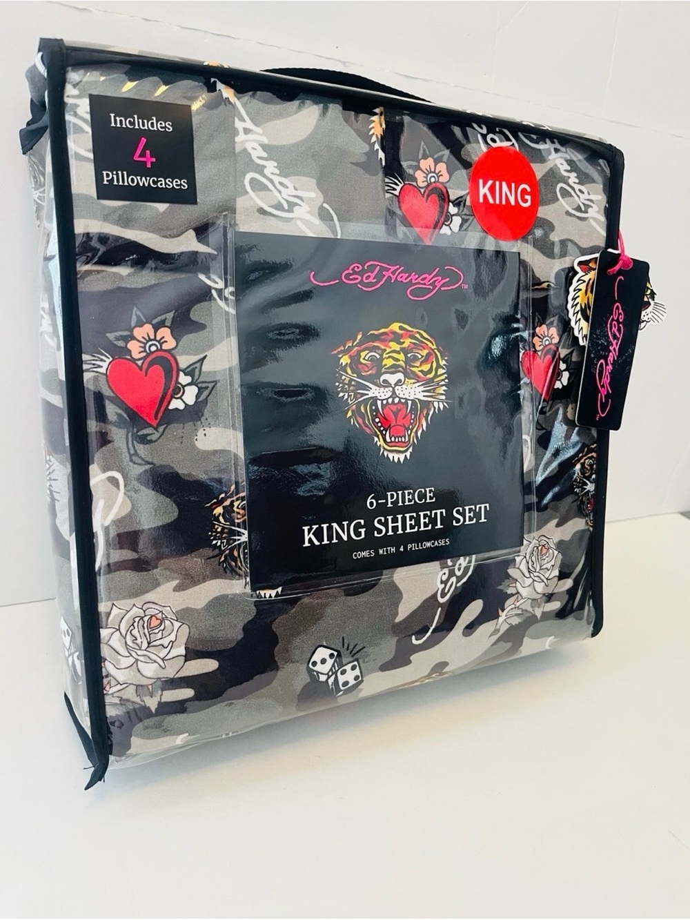 Ed Hardy Black Camo 6 Piece King Size Sheet Set Tigers Dice Hearts Roses